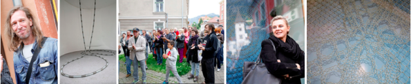 v.l.n.r.: Markus Wilfling, Skulptur „Madensexualität“, Publikum, Eva Burtscher, Kunstzaun-Element von „Lace Fence“ 